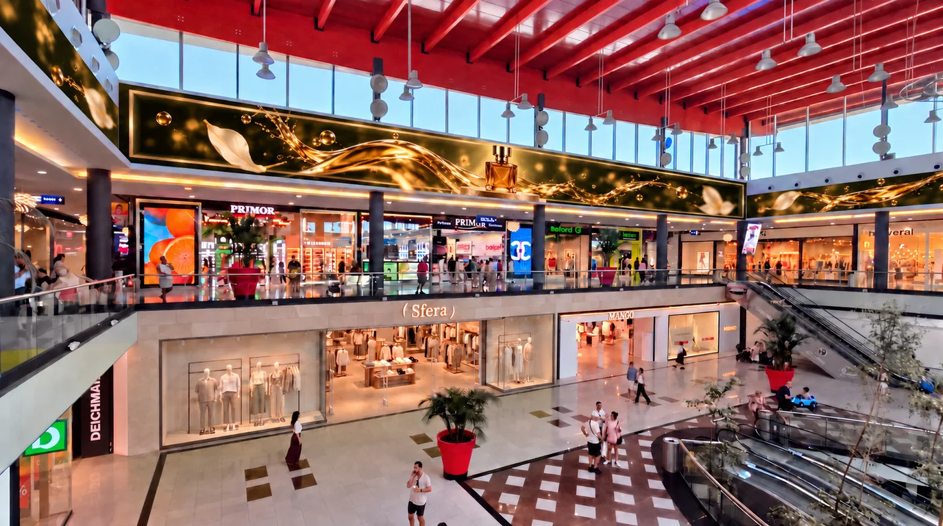 La pantalla LED del perímetro de la plaza central con una creatividad de campaña
