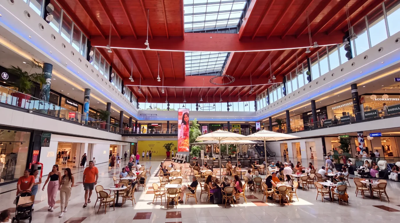 Zona de restauración y terrazas en la plaza central de La Cañada Shopping