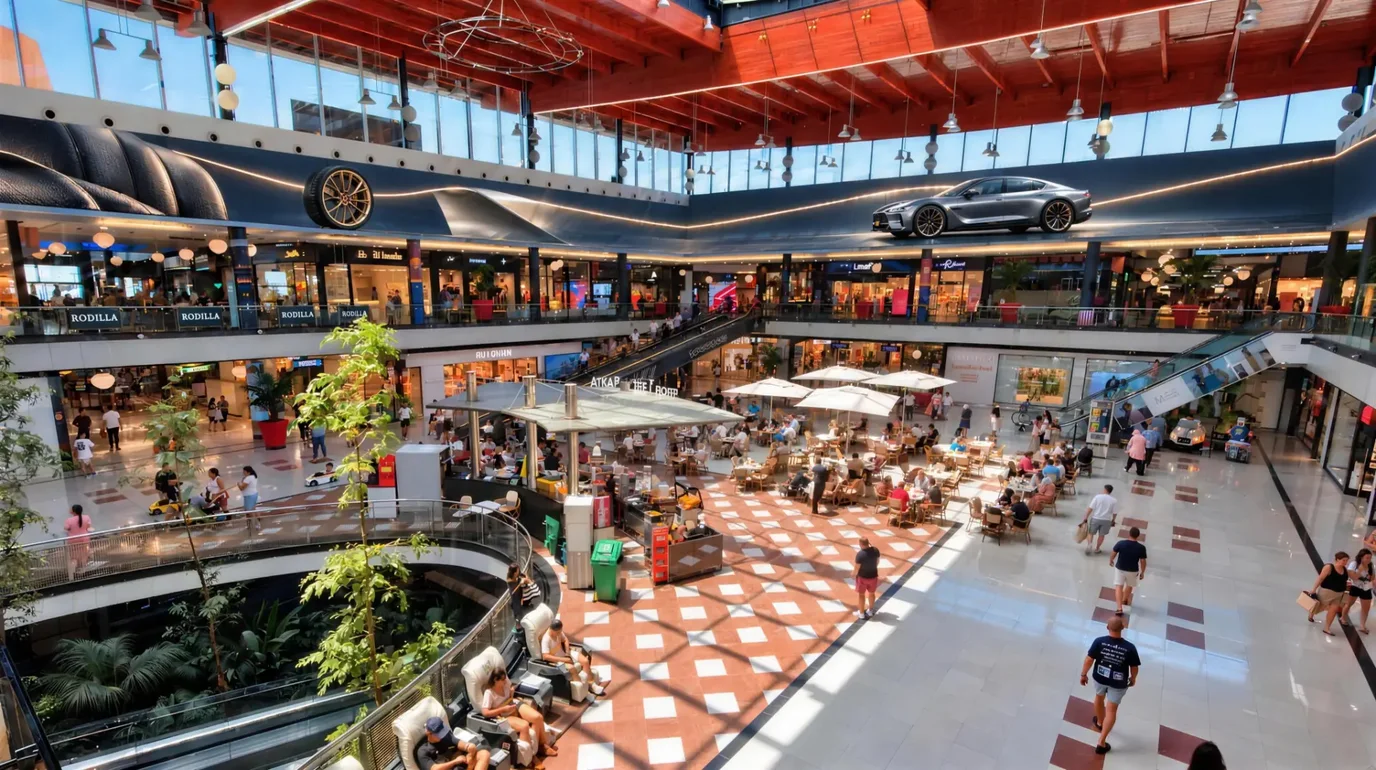 Vista de la plaza central de La Cañada Shopping con la pantalla LED del perímetro